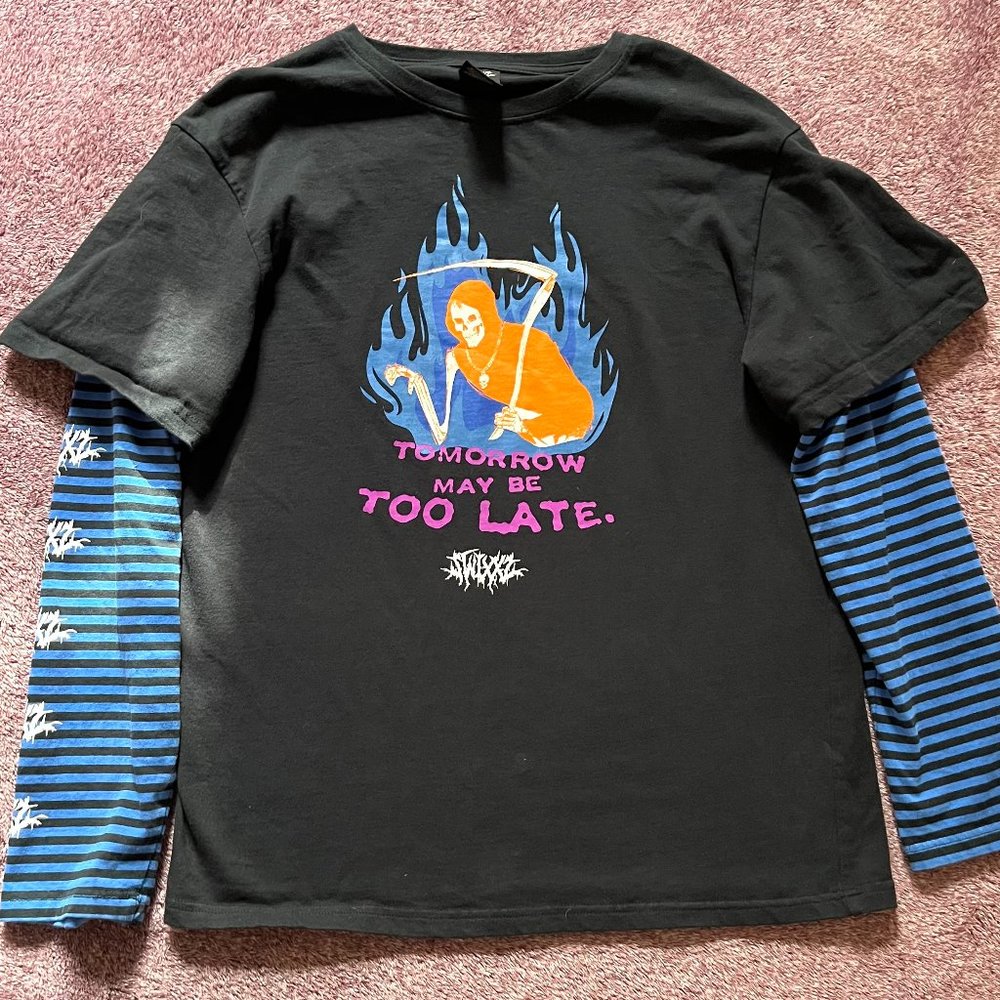 SWIXXZ - Unisex "Tomorrow May Be Too Late" Grim Reaper Striped Long Sleeve Shirt